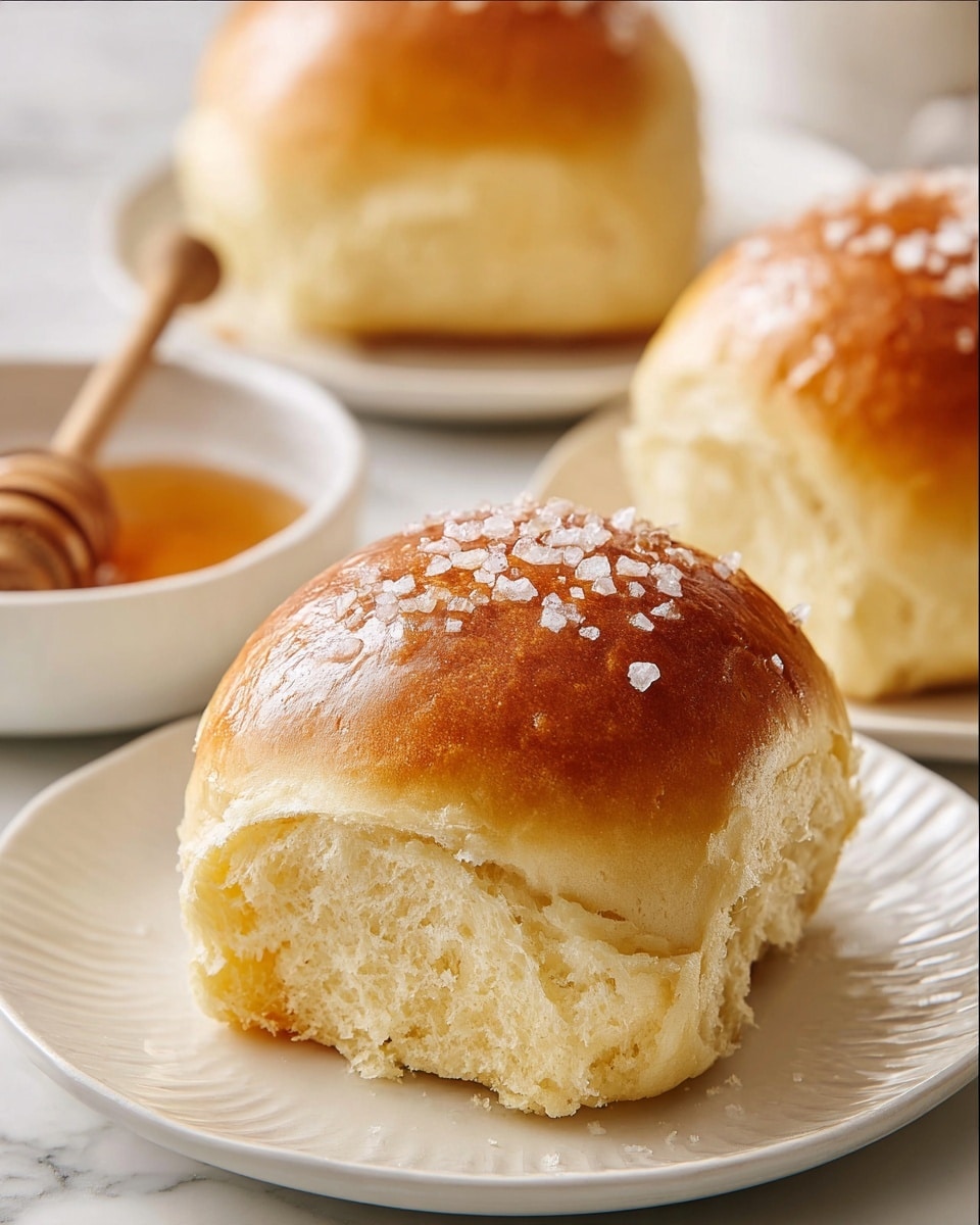 The image shows a close-up of three soft bread rolls with a golden-brown top sprinkled with coarse sea salt. The bread is fluffy with a light yellow interior. The closest bread roll is on a white plate with a subtle embossed pattern. In the background, another roll sits on a separate white plate, and to the left, there is a white bowl filled with amber honey and a wooden honey dipper inside it. The surface beneath everything is a white marbled texture. photo taken with an iphone --ar 4:5 --v 7