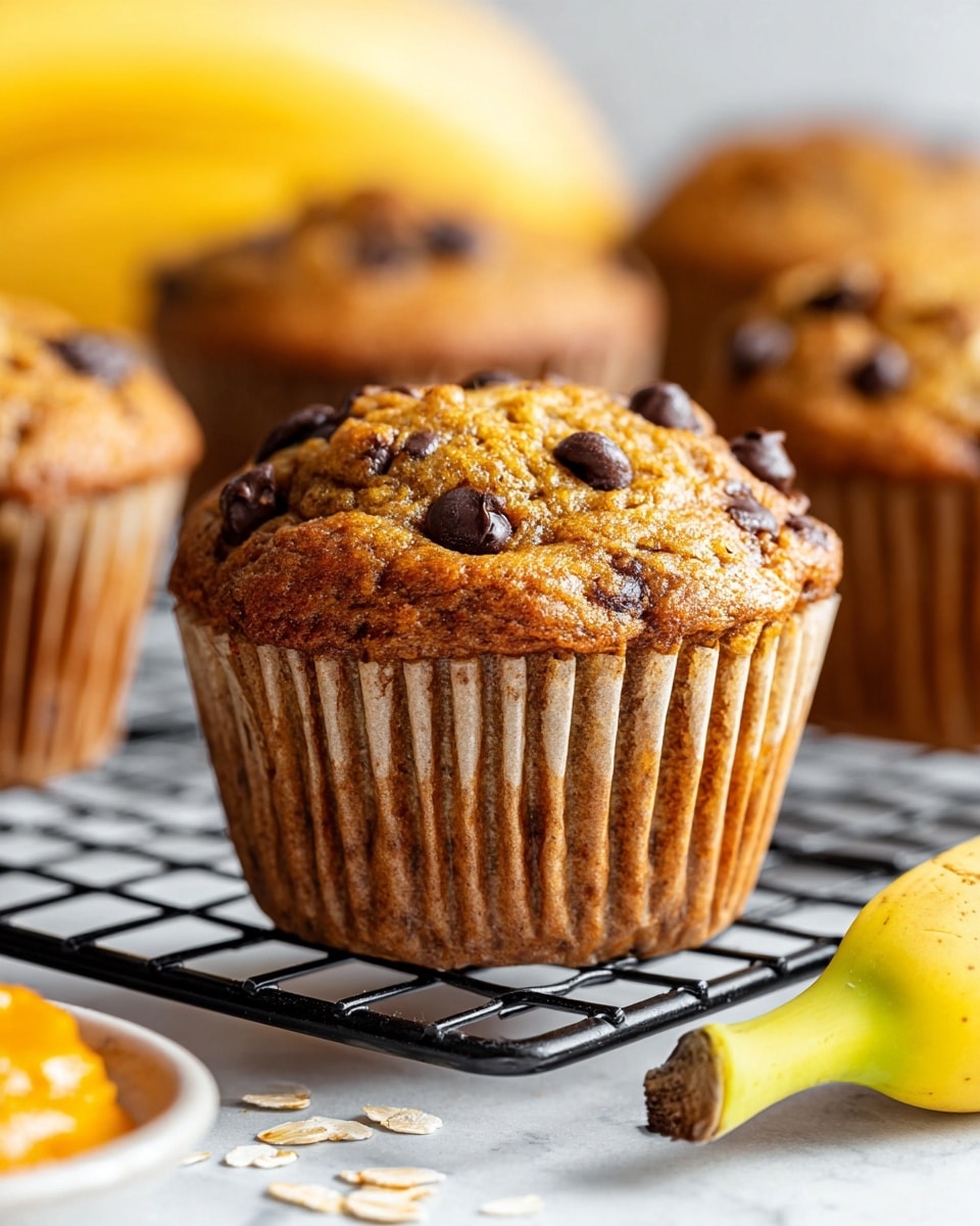 The image shows a close-up of a single muffin on a black cooling rack, with more muffins blurred in the background. The muffin has a golden brown top with a rough, slightly textured surface, scattered with dark chocolate chips. It is wrapped in a light brown paper liner with vertical ridges. To the right, there is a small whole banana with a green tip resting on a white marbled surface, and some oat flakes are scattered around the base of the muffin. In the background, a blurry plate with orange spread and another yellow banana are also visible. The photo taken with an iphone --ar 4:5 --v 7