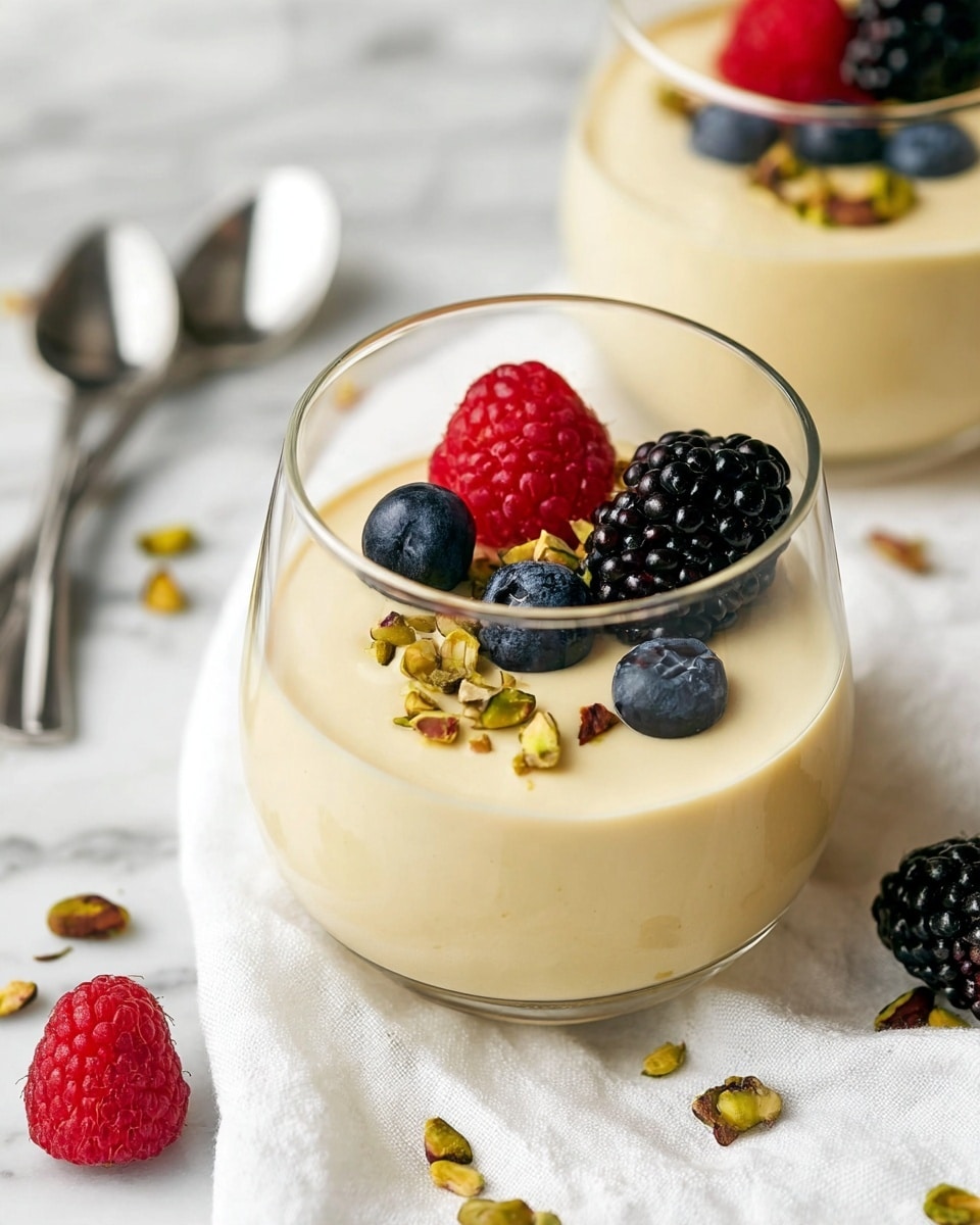 This image shows a clear glass filled with one smooth, creamy layer of pale yellow dessert. On top, there are fresh berries two red raspberries, one dark blackberry, and two dark blue blueberries arranged near the edge. Small pieces of chopped pistachio nuts are scattered lightly on the surface and around the berries, adding a bit of green and brown color. The glass sits on a white marbled surface, with more berries and pistachio pieces around it. A silver spoon lies nearby on a white cloth. Another glass with the same dessert is partly visible in the background. Photo taken with an iphone --ar 4:5 --v 7