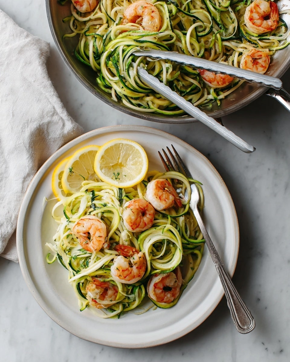 The image shows a white plate filled with two layers: the bottom layer is a mix of light green and dark green zucchini noodles coiled into spirals, mixed with pink cooked shrimp evenly spread. On top of the noodles and shrimp, there are two thin lemon slices placed near the edge of the plate. A silver fork rests on the right side of the plate with some zucchini noodles wrapped around its tines. Above the plate, there is a pan filled with more zucchini noodles and shrimp; a pair of silver tongs is resting inside the pan. The dish is on a white marbled surface, with a white cloth partially visible to the left of the plate. photo taken with an iphone --ar 4:5 --v 7