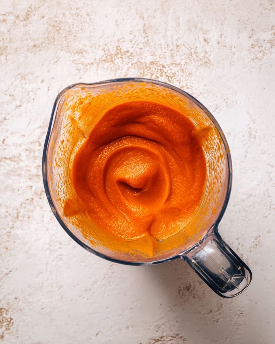 The image shows a clear blender container filled with bright orange smooth puree. The puree has a thick and even texture with swirls on top, and it fills the blender about halfway. The blender is placed on a white marbled textured surface, and the handle of the blender is visible on the right side. photo taken with an iphone --ar 4:5 --v 7
