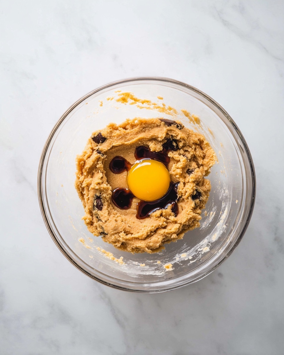 A clear glass bowl sits on a white marbled surface, inside it is a thick, light brown cookie dough with a rough texture. On top of the dough in the center lies a single raw egg with a bright yellow yolk and clear white, surrounded by several drops of dark liquid vanilla extract evenly spaced around the egg. The bowl's transparent sides show the dough pressed against them unevenly, with some dough stuck on the sides, and the top view captures the mixture ingredients ready to be mixed. photo taken with an iphone --ar 4:5 --v 7