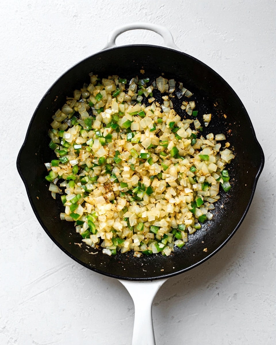 A black cast iron pan with a white handle is shown from above, filled with a single layer of small, diced vegetables. The vegetables include light yellowish cooked onions and bright green bell peppers, mixed and spread evenly in the pan. The onions appear soft and translucent with some light brown spots, while the peppers show a slight cooked texture but retain their green color. The pan sits on a white marbled surface, providing a clean and simple background. photo taken with an iphone --ar 4:5 --v 7