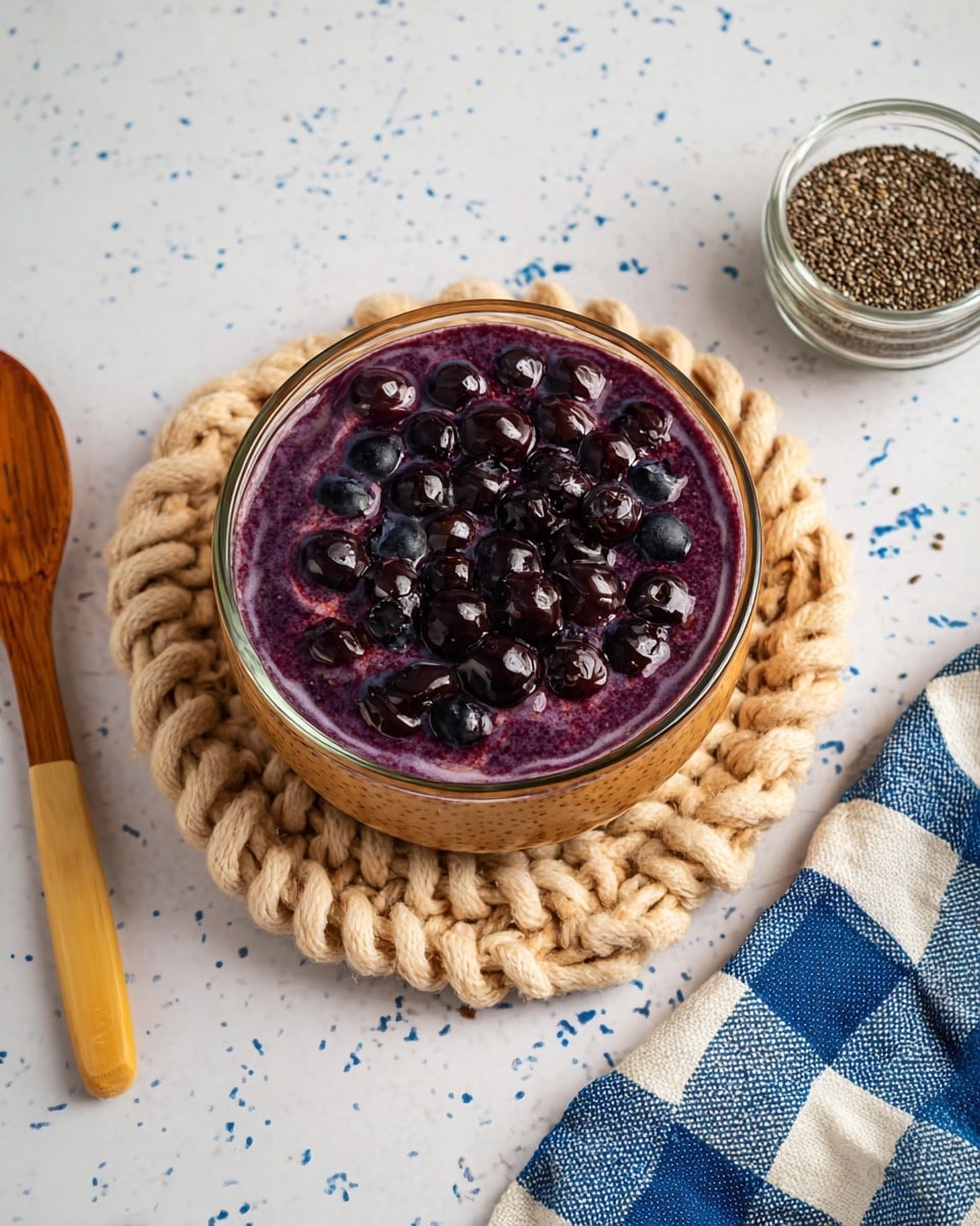 The image shows a clear glass bowl filled with three layers of food. The bottom layer is a thick, light brown textured base, followed by a middle layer of deep purple, smooth liquid. The top layer has whole dark blueberries scattered across the surface, sitting in the purple liquid. The bowl is placed on a chunky beige knitted mat, all set on a white marbled surface with blue speckles. Next to the bowl on the right, there is a small clear glass container filled with chia seeds. On the left side, there is a wooden spoon with a light beige tip resting on a blue and white striped cloth. Photo taken with an iphone --ar 4:5 --v 7