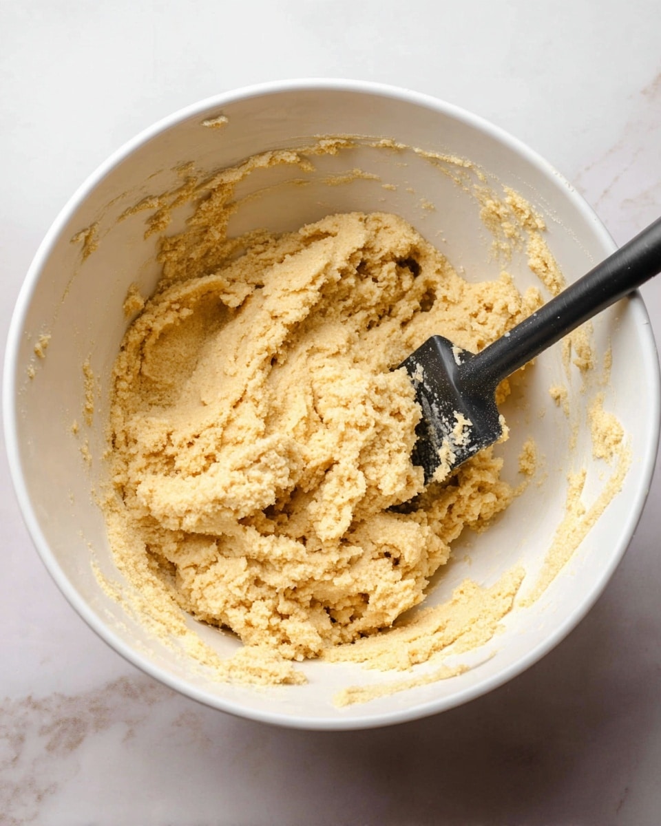 A close-up view of a white bowl filled with a thick, light golden dough that has a slightly grainy texture. The dough fills most of the bowl, with some of it clinging to the sides. A black spatula with traces of flour and dough rests inside the bowl, partially submerged in the dough. The bowl is placed on a white marbled surface that adds a clean and bright backdrop to the scene. photo taken with an iphone --ar 4:5 --v 7