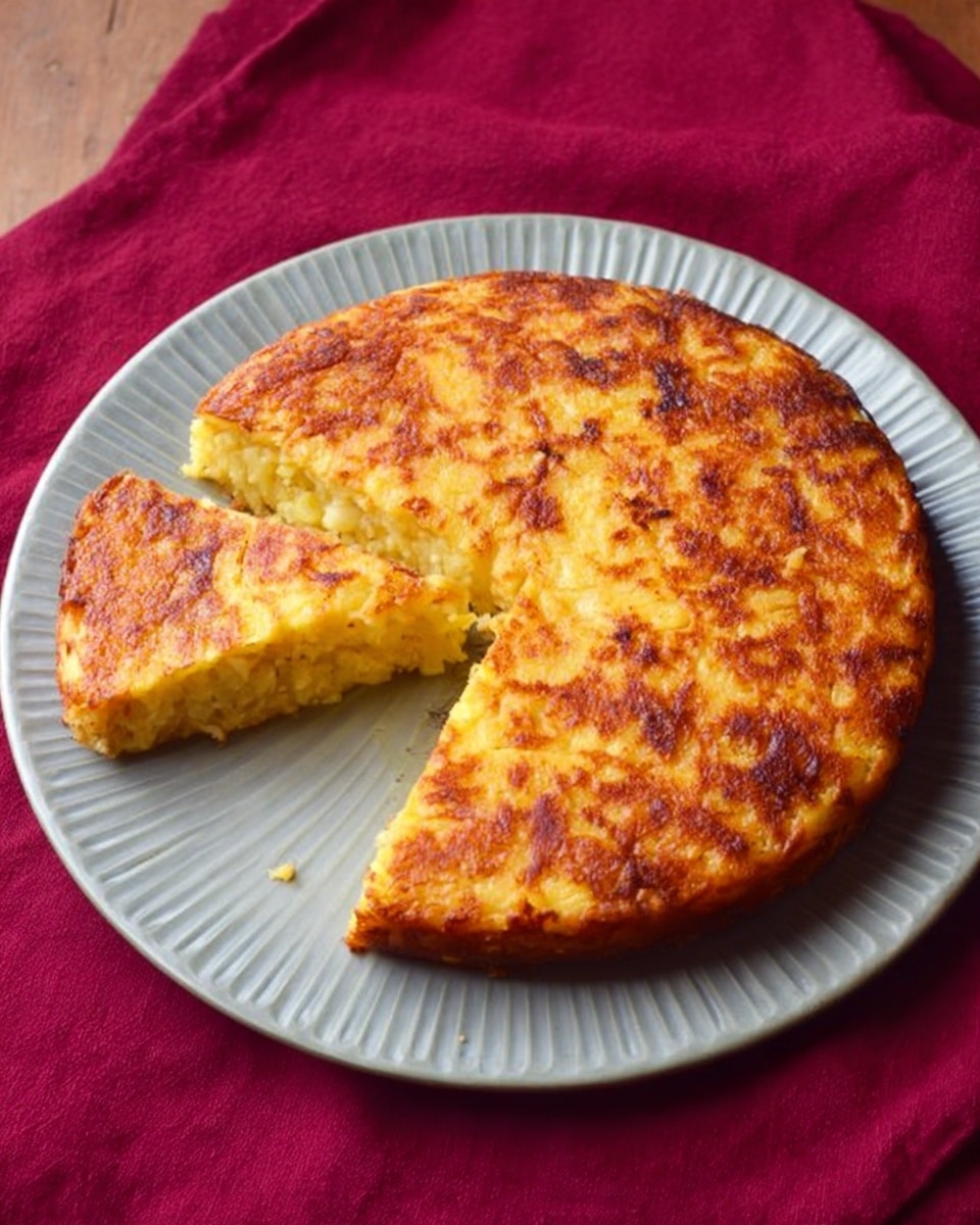 A round, golden-brown baked dish with a crispy top layer is shown on a white plate with ridged edges. The dish has one slice removed, revealing a dense, slightly chunky interior that is lighter yellow in color. The plate sits on a deep red cloth, adding contrast to the warm tones of the food. The overall look is simple and rustic with a clear focus on the dish’s golden, textured surface. Photo taken with an iphone --ar 4:5 --v 7