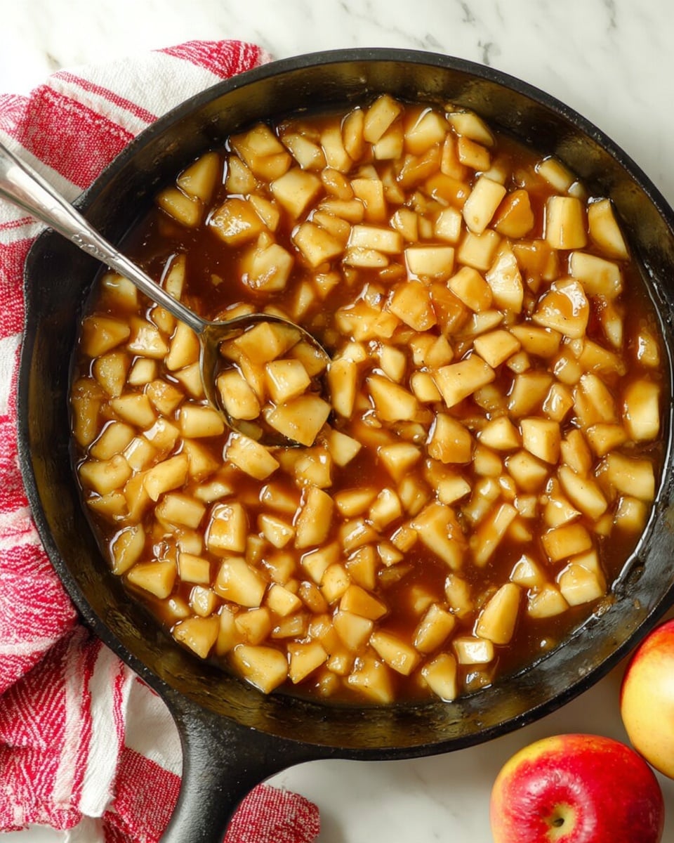 A close-up view of a black cast iron pan filled with small, evenly chopped apple pieces cooking in a shiny, thick brown syrup covering the bottom. The apple pieces are light yellow with some soft golden edges showing they are cooked. A silver spoon rests inside the pan, partly submerged in the syrup, its handle pointing outwards. Under the pan, there is a white marbled surface with a red and white striped cloth partially visible, and two whole red and yellow apples are placed at the right bottom corner. The colors show warm golden brown and fresh apple tones. Photo taken with an iphone --ar 4:5 --v 7