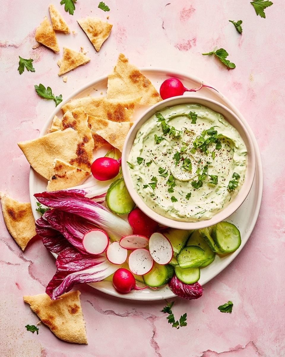 A white plate holds a small bowl of creamy, pale green dip sprinkled with chopped parsley and black pepper, positioned slightly to the left. Around the bowl, there are layers of fresh cut vegetables, including red and white radishes, green cucumber slices, and red-purple endive leaves, all showing crisp textures. On the left side of the plate, there are several pieces of golden toasted pita bread stacked loosely. Scattered parsley leaves and broken pita pieces are placed on the soft pink surface surrounding the plate, which has a white marbled texture. photo taken with an iphone --ar 4:5 --v 7