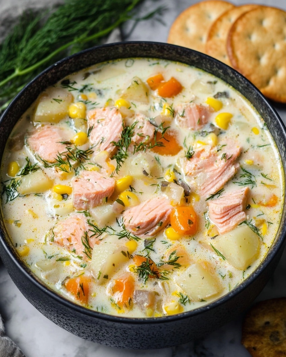The image shows a creamy soup in a black bowl on a white marbled surface. The soup has several layers of ingredients visible: tender pink pieces of cooked salmon, small chunks of white potato, bright orange carrot cubes, and bits of yellow corn. There are sprinklings of fresh green dill herbs spread evenly on top, adding color contrast. The creamy broth is light yellowish-white with a smooth texture. In the background, there are round, flat golden crackers placed beside the bowl, and some more dill herbs scattered around for decoration. Photo taken with an iphone --ar 4:5 --v 7