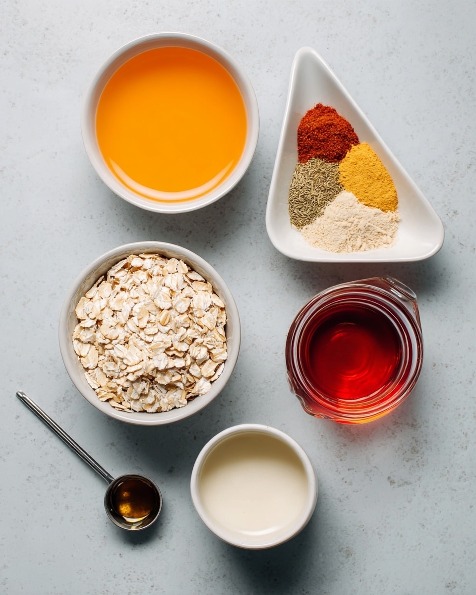 The image shows five small dishes on a white marbled surface, each containing different ingredients. Starting from the top left, there is a white bowl filled with a bright orange liquid. To the right, there is a white triangular dish holding four different spices in separate piles: light brown, beige, bright orange, and yellow green. Below these, on the left, there is a white bowl filled with rolled oats that are pale beige with a slightly rough texture. Next to it, on the right, there is a clear glass container holding a reddish-brown liquid. At the bottom, there is a small white cup filled with a creamy white liquid. A metal measuring spoon with a small amount of dark liquid rests below the cup on the marbled surface. photo taken with an iphone --ar 4:5 --v 7