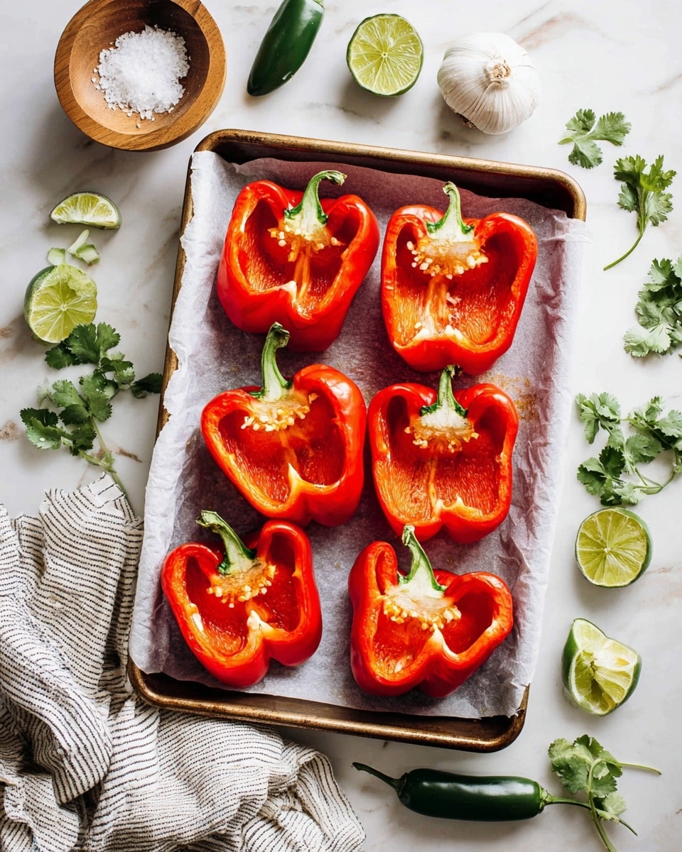 A roasting pan lined with white parchment paper holds six red bell pepper halves, each with a shiny, smooth surface and the green stem attached at the top. The peppers are arranged in two rows of three, showing their hollow orange-red insides and a light texture of seeds and veins. The pan sits on a white marbled texture surface scattered with fresh green jalapeños, bright lime halves, white garlic bulb, and sprigs of green cilantro. A small light wooden bowl with coarse salt rests near the top left, and a white kitchen towel with dark stripes is casually placed near the bottom left corner. The overall scene is bright and fresh with contrasting reds and greens, photo taken with an iphone --ar 4:5 --v 7