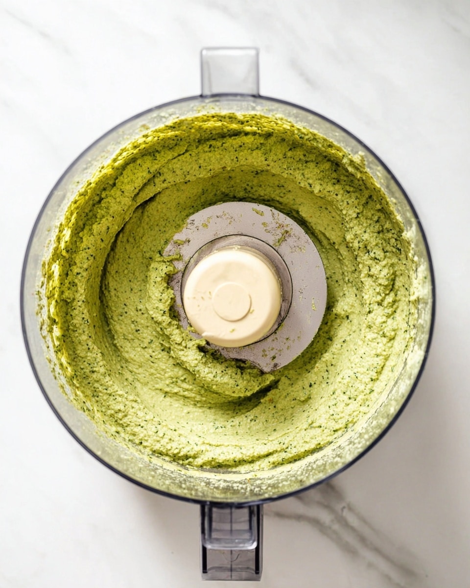 A clear food processor bowl filled with a smooth, thick green mixture that has a slightly grainy texture, showing small darker green specks throughout. The mixture is evenly spread along the inside edges of the bowl, with a pale beige blade in the center, partially covered in the green mix. The food processor sits on a white marbled surface, and the bowl’s transparent lid is off, showing the mixture inside clearly. photo taken with an iphone --ar 4:5 --v 7