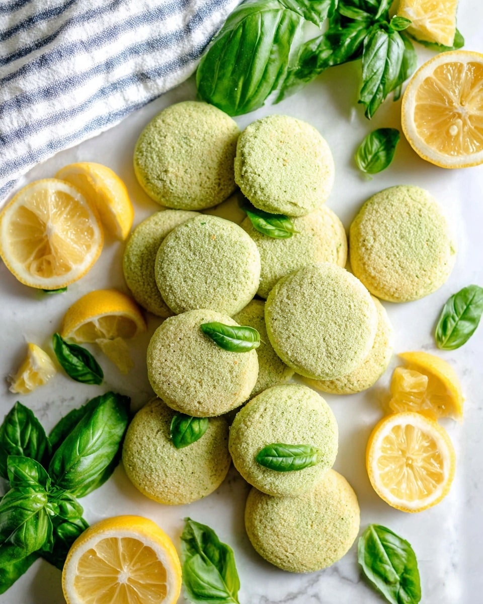 The image shows a group of about fifteen round, light green cookies with a soft texture, scattered on a white marbled surface. Some cookies have small green basil leaves on top. Around the cookies, there are several lemon slices and halves, showing bright yellow color and juicy texture. Green basil leaves are also spread around the cookies and lemons. A white and blue striped cloth is partly visible in the upper part of the image. The scene is bright and fresh, with a clear focus on the natural colors of the lemons, basil, and cookies. Photo taken with an iphone --ar 4:5 --v 7