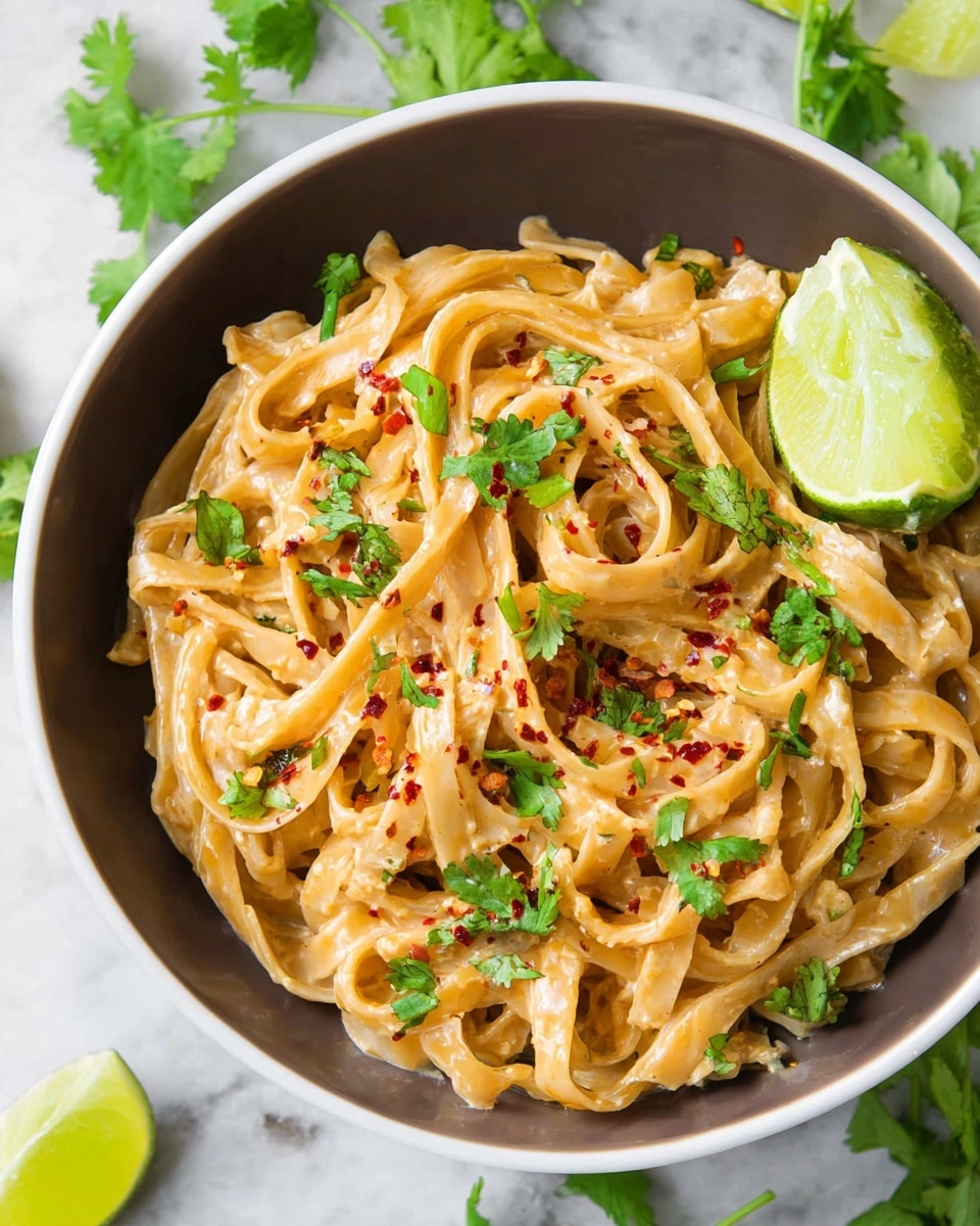 A white bowl filled with flat noodles coated in a creamy light brown sauce, layered with fresh green cilantro leaves scattered on top and sprinkled with small red pepper flakes. A bright green lime wedge sits on the side, adding a fresh pop of color. The bowl rests on a white marbled surface, with hints of additional lime wedges and cilantro leaves around it. Photo taken with an iphone --ar 4:5 --v 7