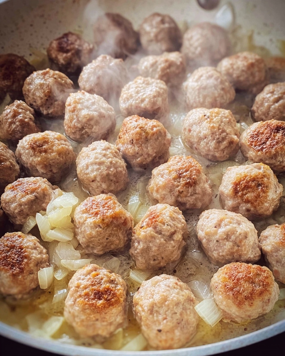 A close-up view of many small round meatballs with a light brown color and a slightly rough texture, cooking together with small pieces of translucent cooked onions in a white pan; the edges of the meatballs show light browning, and a little steam rises around them, giving a warm cooking effect against the white marbled background photo taken with an iphone --ar 4:5 --v 7