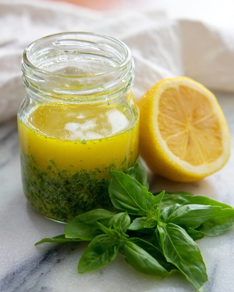 A small clear glass jar filled halfway with a two-layered mixture stands on a white marbled surface; the top layer is a smooth, yellow lemon dressing with slight shine, while the bottom layer is a coarse green pesto with visible bits of herbs. Beside the jar, a fresh green basil leaf cluster lies flat, showing detailed veins and a slightly wrinkled texture. Next to the basil, a bright yellow half lemon with a juicy, moist, and slightly glossy cut side leans on the surface. The background is softly blurred with a white cloth underneath the items. photo taken with an iphone --ar 4:5 --v 7