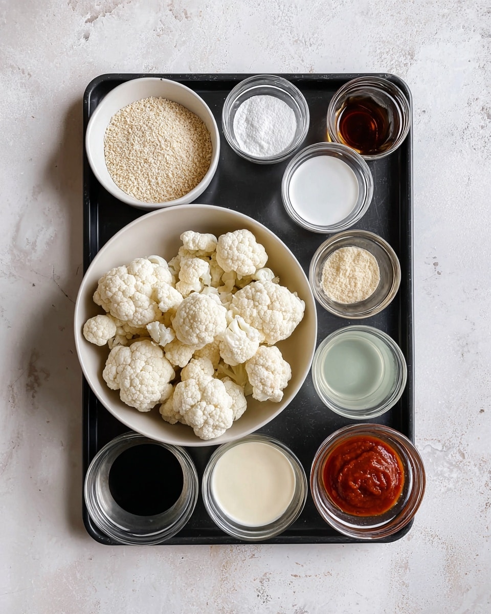 A black tray on a white marbled surface holds several white bowls and clear glasses with various ingredients arranged neatly. In the center is a large white bowl filled with off-white cauliflower florets. Surrounding it are smaller white bowls and glass containers holding different ingredients: a bowl of light beige breadcrumbs, a bowl of white flour, a glass with white liquid, small bowls with creamy garlic and red sauce, and other small jars of dark and light liquids. The setup is clean and organized, ready for cooking. photo taken with an iphone --ar 4:5 --v 7