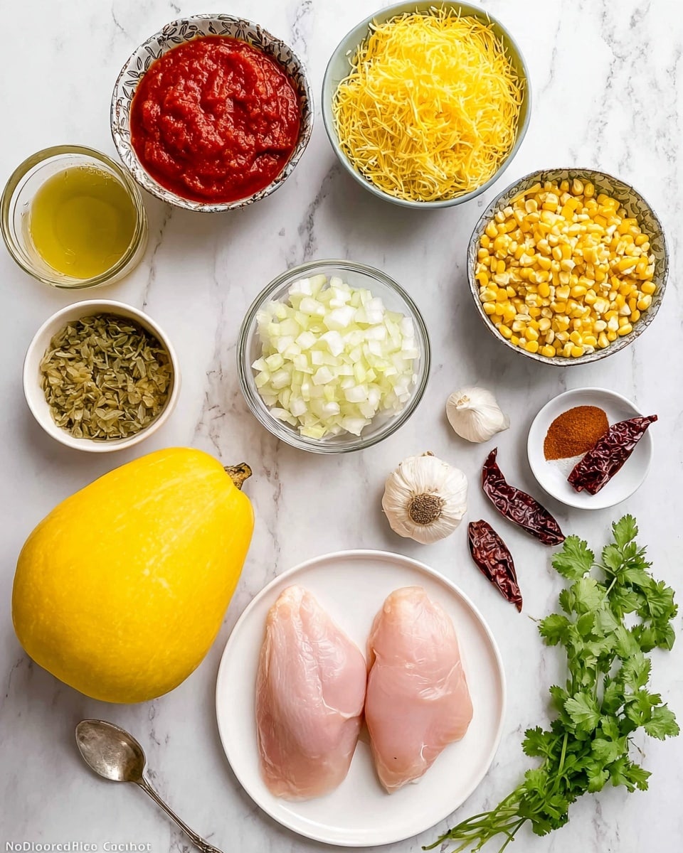 The image shows various ingredients arranged neatly on a white marbled surface. In the bottom right, there is a white plate holding two raw chicken pieces, light pink in color with smooth texture. Directly above the chicken, there are three metal measuring cups: one filled with bright yellow shredded cheese, the next with yellow corn kernels, and the third with green diced vegetables. In the center, a clear glass bowl holds finely chopped white onions. To the left of the onions is a glass container with chunky red tomato sauce. Nearby, a bright yellow spaghetti squash sits whole with a slightly rough skin. At the top left corner, a small patterned bowl contains yellow oil, and beside it, another small white bowl holds two dark red dried peppers. A metal spoon filled with brown spice is placed nearby, along with a clove of garlic and a small bowl containing salt and black pepper. Fresh green cilantro and oregano sprigs add a touch of color on the right and left sides. Photo taken with an iphone --ar 4:5 --v 7