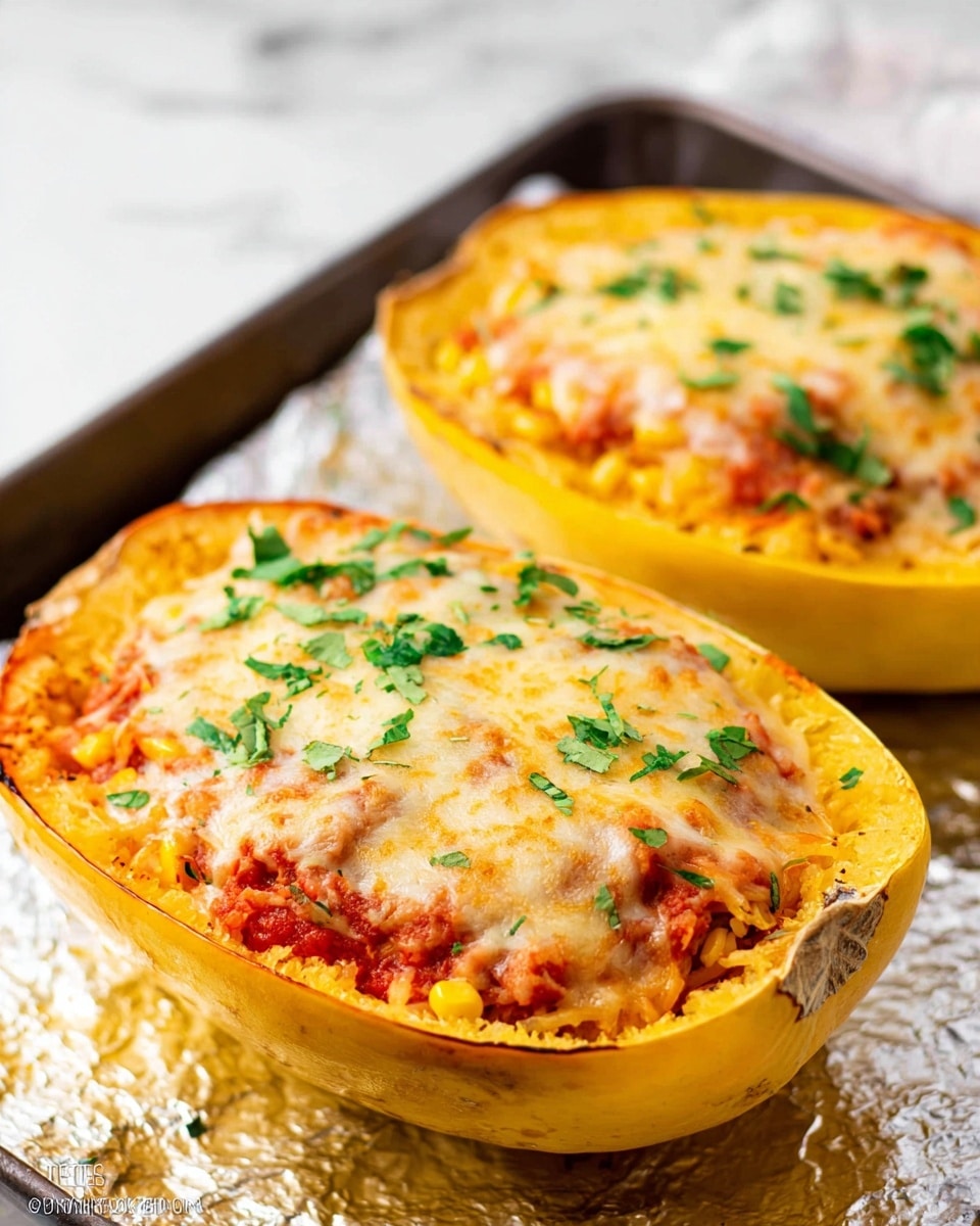 The image shows two halves of a yellow spaghetti squash placed on a baking tray lined with foil, resting on a white marbled surface. Each half is filled with a layered stuffing that includes a base of orange-red cooked squash mixed with red tomato sauce and bits of corn, topped with a thick layer of melted, golden-yellow cheese sprinkled with small, fresh green herbs. The cheese layer is slightly browned around the edges, adding a textured look, and the overall colors are warm and inviting with yellow, red, and green contrasts. Photo taken with an iphone --ar 4:5 --v 7