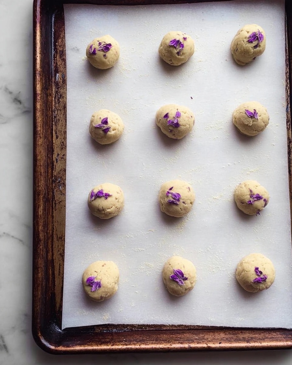 The image shows a baking tray lined with white parchment paper. On the paper, there are twelve evenly spaced raw dough balls placed in four rows, three balls per row. Each dough ball is light beige in color with a smooth but slightly rough texture. Small purple flower petals are gently placed on top of each dough ball, adding a delicate decorative touch. The tray has a dark, slightly worn metal rim, contrasting with the white parchment. The background is a white marbled surface. photo taken with an iphone --ar 4:5 --v 7