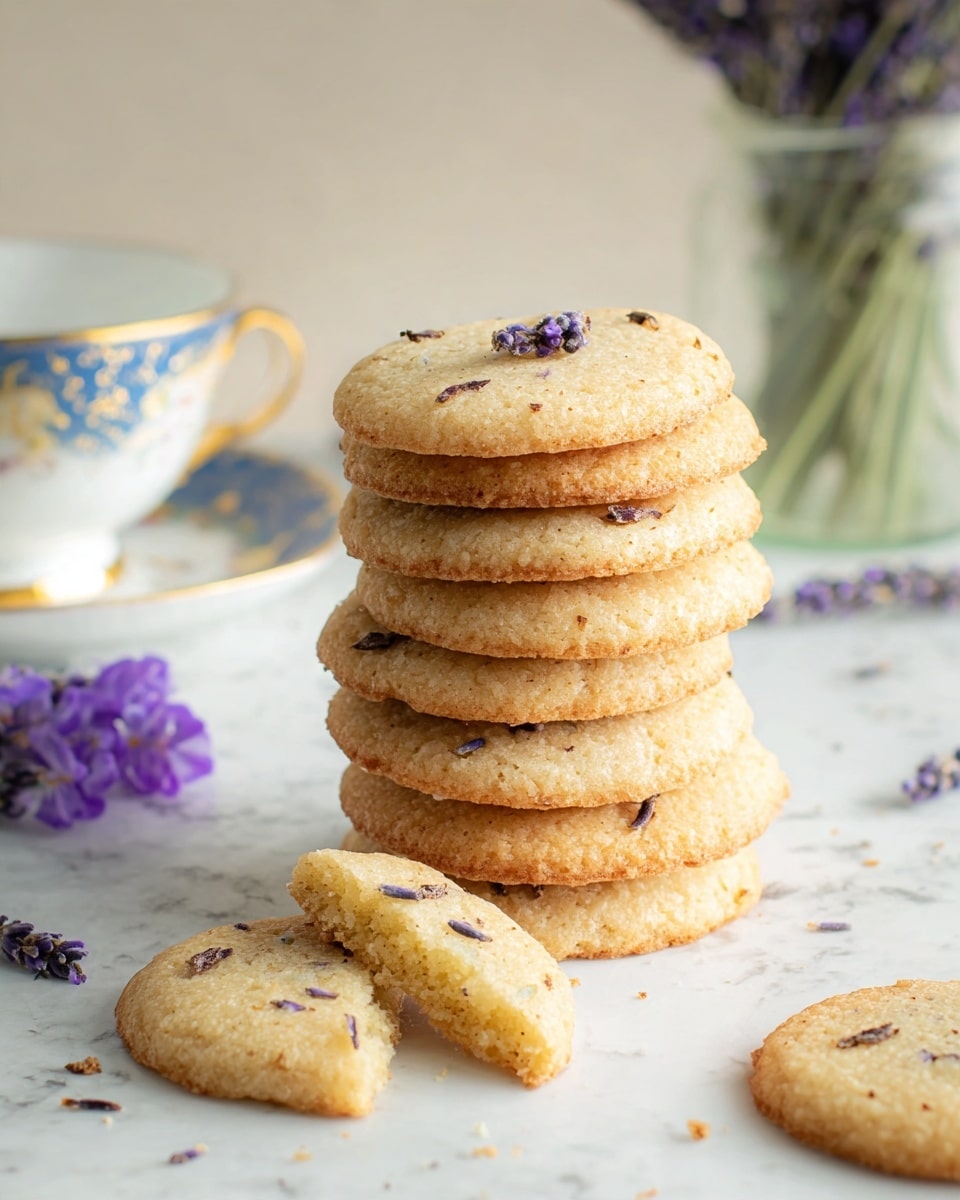 A stack of seven thin, round cookies with a light golden-brown color sits on a white marbled surface. Each cookie has a delicate, slightly rough texture with small purple lavender flower pieces embedded on top. One cookie is broken in half in front of the stack, showing a soft, crumbly inside. In the background, there are some purple lavender flowers and a glass jar with green stems inside, all placed on the white marbled texture. A white cup and saucer with blue and gold patterns peek into the left side of the frame. The photo taken with an iphone --ar 4:5 --v 7