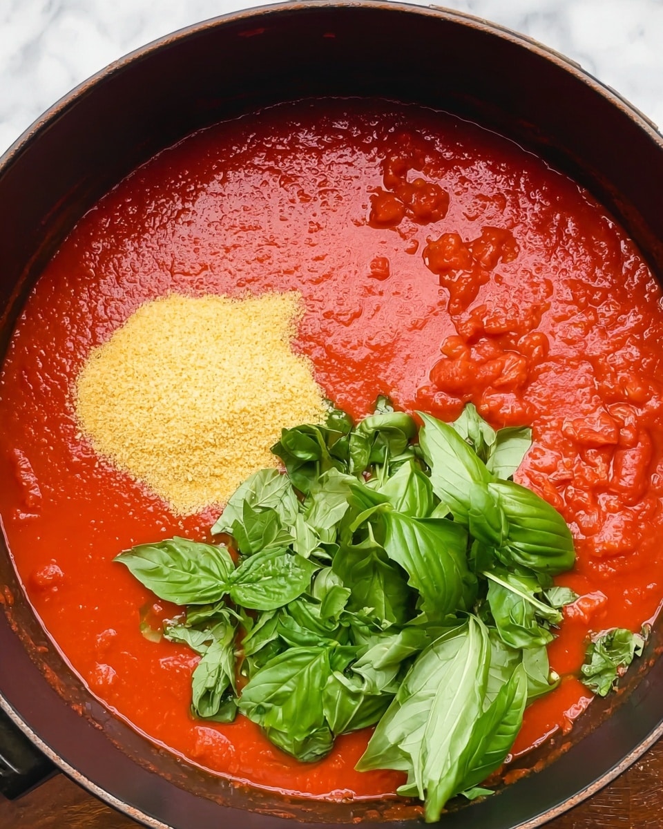A close-up view of a large black pan filled with a bright red tomato sauce that has a smooth, slightly chunky texture, small pieces of tomato scattered throughout. On top of the sauce, there are two main layers positioned side by side: on the left, a small mound of light yellow powder, and on the right, a bunch of fresh, bright green basil leaves with visible veins and a slightly shiny surface. The pan is placed on a white marbled texture surface. photo taken with an iphone --ar 4:5 --v 7