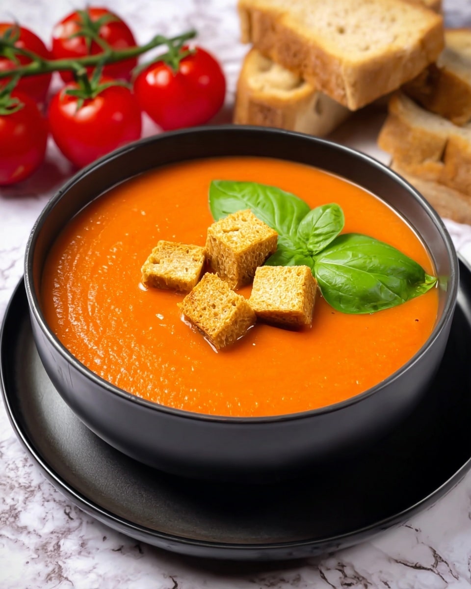 A black bowl filled with smooth, bright orange tomato soup is the main focus. On top of the soup, there are small golden-brown cubes of tofu placed in the center. Three fresh green basil leaves lay on the left side of the tofu, adding color contrast. The bowl sits on a matching black plate, and behind it, a bunch of red cherry tomatoes on the vine are visible. There are also pieces of toasted bread resting partly behind the bowl. The entire scene is set on a white marbled surface. photo taken with an iphone --ar 4:5 --v 7