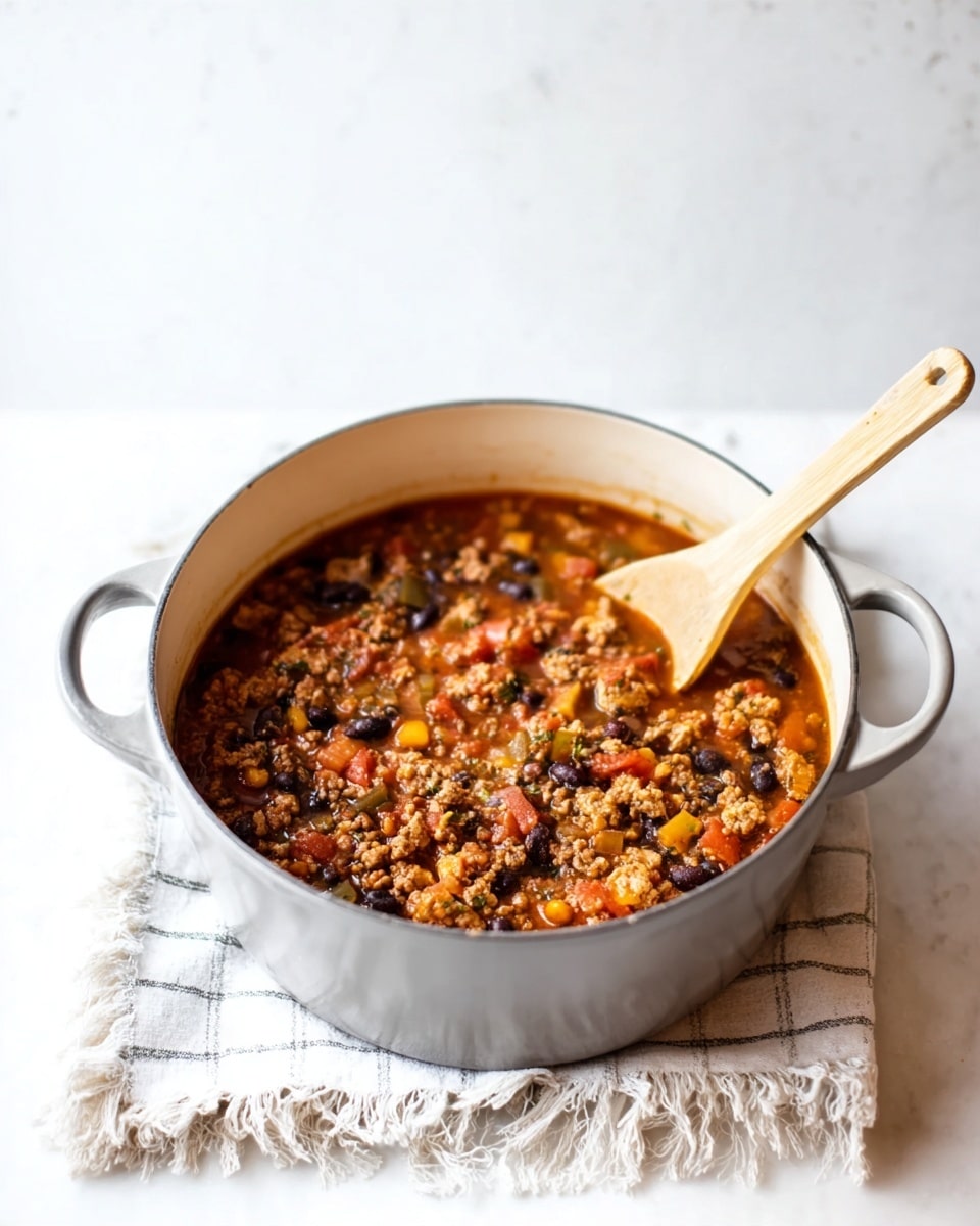 A large light gray pot with two handles holds a thick chunky stew filled with layers of brown ground meat, black beans, red tomato bits, and small pieces of yellow and orange vegetables all mixed in a reddish-brown broth. A long wooden spoon rests on top of the pot's edge. The pot sits on a white checkered cloth over a white marbled surface with a soft white background. photo taken with an iphone --ar 4:5 --v 7