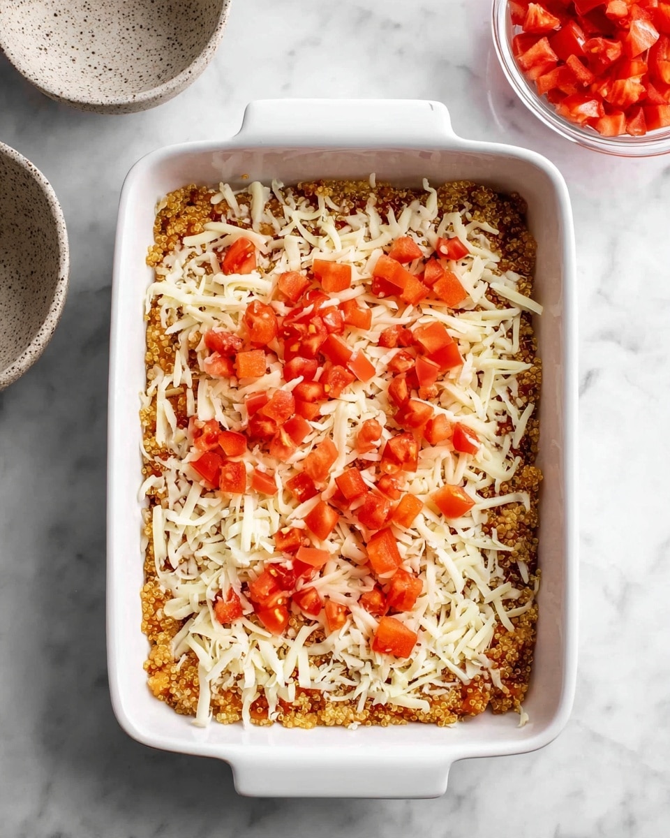 A white rectangular baking dish holds a layered dish with a base layer of crumbly, light brown mixture that appears textured like cooked quinoa or ground grains. On top of this base is a layer of shredded white cheese scattered unevenly across the surface. Bright red diced tomato pieces are sprinkled over the cheese, adding a pop of color and freshness. The baking dish is placed on a white marbled surface, with two small bowls nearby one empty speckled bowl to the left and one clear bowl filled with more red diced tomatoes above the dish. Photo taken with an iphone --ar 4:5 --v 7
