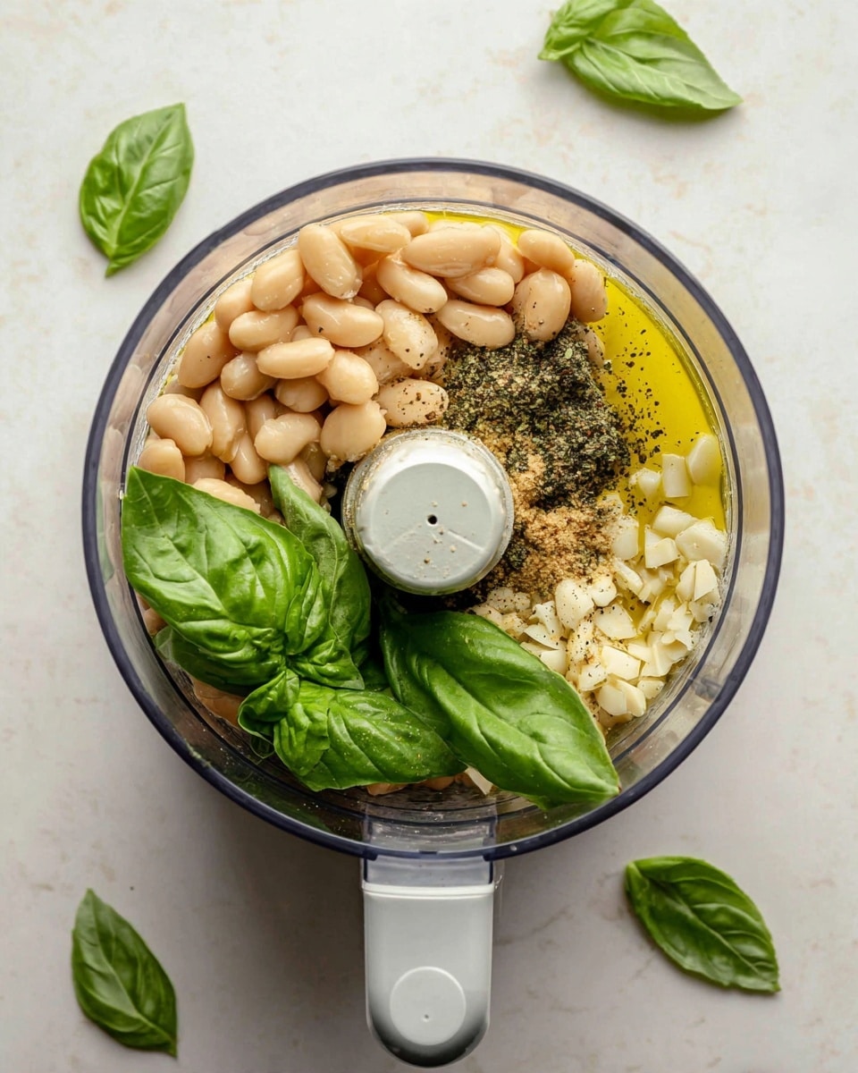 A clear food processor bowl filled with layers of ingredients on a white marbled surface; at the bottom, there is a layer of light beige beans, topped with small chopped white garlic pieces scattered around, three large fresh green basil leaves placed on top, and a layer of golden yellow olive oil covering part of the beans. There is a sprinkle of black pepper visible near the center, adding texture and color contrast. The plastic part of the food processor is transparent with a visible silver blade inside, and the handle of the food processor is white. Scattered fresh basil leaves lie around the bowl. Photo taken with an iphone --ar 4:5 --v 7