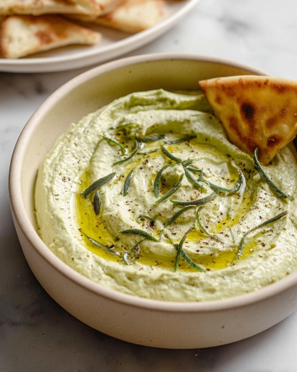 A round bowl with a light beige color holds a creamy, smooth pale green dip swirled in a circular pattern. On top of the dip, there are thin sliced green herbs scattered, along with a swirl of golden olive oil and small specks of black pepper. A triangular piece of light golden toasted flatbread is partially dipped into the dip near the bowl's right side. The bowl sits on a white marbled surface, with a white plate holding more flatbread pieces visible blurred in the background. Photo taken with an iphone --ar 4:5 --v 7