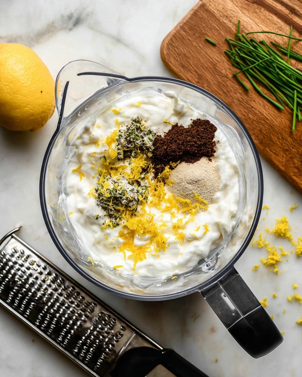A clear blender cup filled with a thick white creamy layer at the bottom. On top of this, there are small piles of yellow lemon zest scattered slightly to the left side and two clusters of dark brown ground spices placed next to the zest. Above this, some ground beige powder adds more texture. Around the blender are a wooden chopping board at the top right with a knife and small clippings of green chives scattered on it and on the white marbled surface. A lemon and a long black-handled grater with a metal shredding surface lie to the left side of the blender. photo taken with an iphone --ar 4:5 --v 7