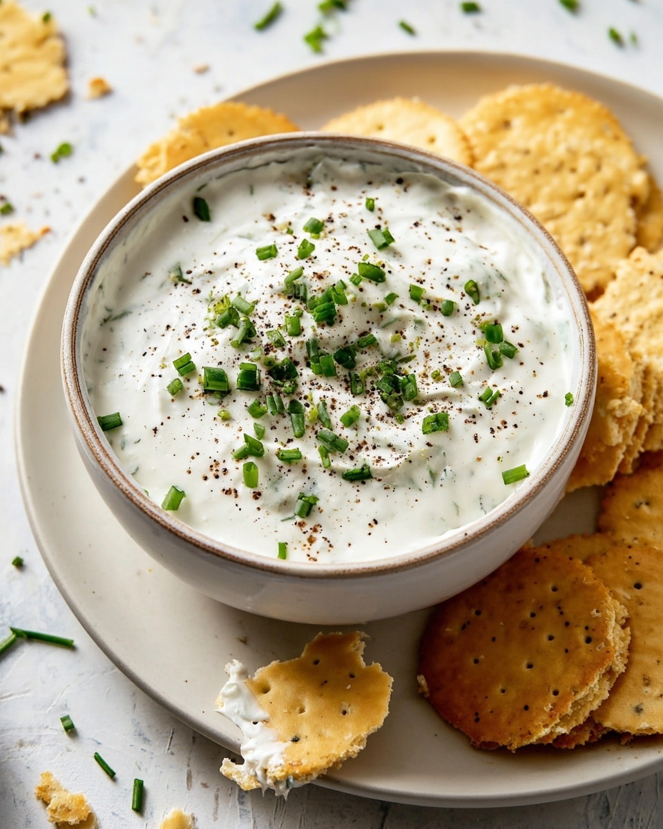 A close-up view of a white bowl filled with creamy white dip, topped with small green cut chives and sprinkled with black pepper. The bowl sits on a white plate, around which are several yellowish crackers with specks of black, one of which is partially dipped into the dip. The surface beneath is a white marbled texture with some scattered chive pieces and crumbs. Photo taken with an iphone --ar 4:5 --v 7