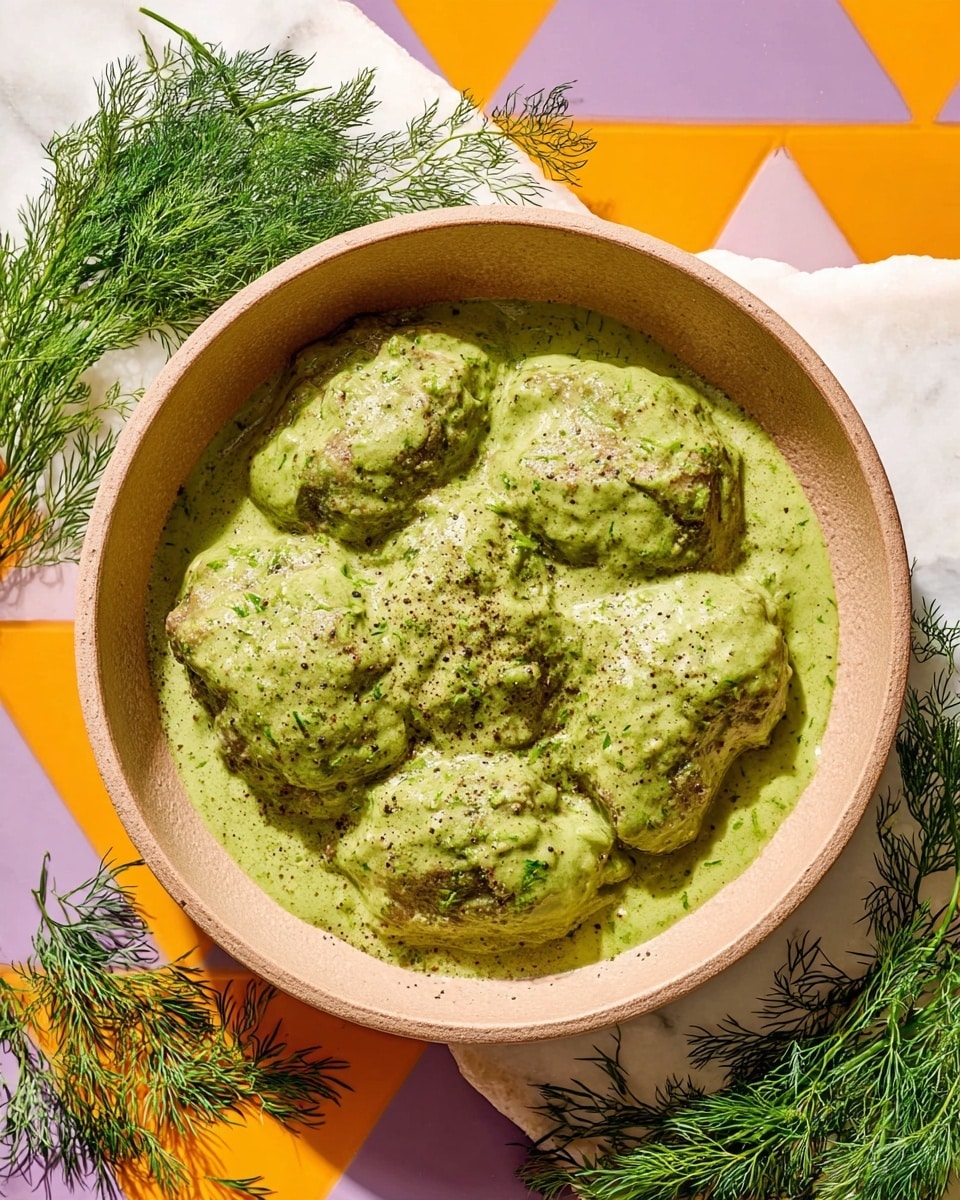 A round beige bowl is filled with six large pieces of meat covered in a thick, smooth green sauce, sprinkled lightly with black pepper on top. The sauce has a creamy texture and evenly coats each piece. Around the bowl are sprigs of fresh dill and parsley, sitting on a white marbled surface with a colorful pattern of orange and purple triangles. The overall look is bright and fresh. photo taken with an iphone --ar 4:5 --v 7
