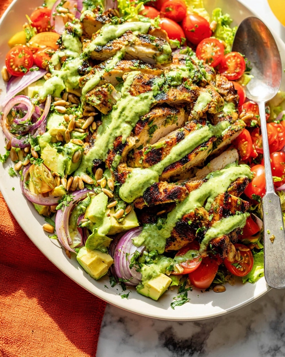 A white plate holds sliced grilled chicken covered in green sauce, arranged on a colorful salad with three main layers: the bottom layer has chopped avocado pieces and whole cherry tomatoes with a reddish hue, the middle layer contains red onion slices and green herbs mixed with sunflower seeds, and the top layer consists of golden grilled chicken slices with char marks, drizzled with creamy green sauce and sprinkled with fresh chopped herbs. A silver spoon rests on the side of the plate, which sits on a white marbled surface with an orange cloth nearby. photo taken with an iphone --ar 4:5 --v 7