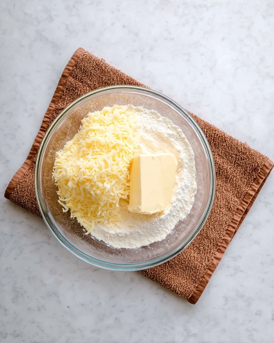 A clear glass bowl sits on a folded brown textured cloth placed on a white marbled surface. Inside the bowl, there are three layers: a base layer of white flour covering the bottom, a large pile of pale yellow shredded cheese on one side, and a solid rectangular piece of butter with a smooth texture positioned near the cheese. The scene is simple and bright, focusing on the ingredients before mixing, photo taken with an iphone --ar 4:5 --v 7