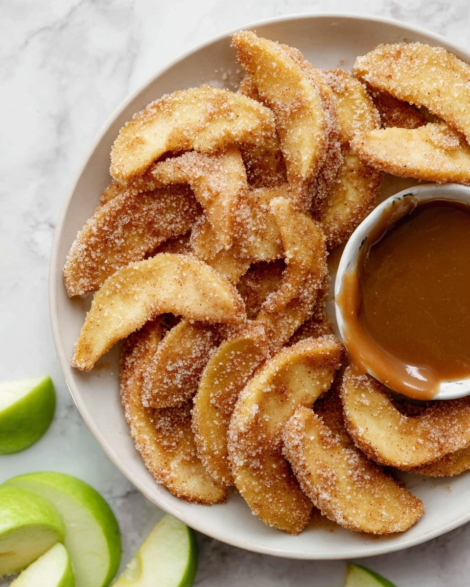 A white plate filled with about two layers of golden brown apple slices coated in a mix of sugar and cinnamon. The apple slices have a slightly crispy texture with a light sugary dusting that gives a sparkling effect. On the right side of the plate, there is a small bowl of smooth caramel sauce that adds a warm, shiny brown contrast. Pieces of fresh green apple slices are partially visible at the bottom left corner on a white marbled surface. Photo taken with an iphone --ar 4:5 --v 7