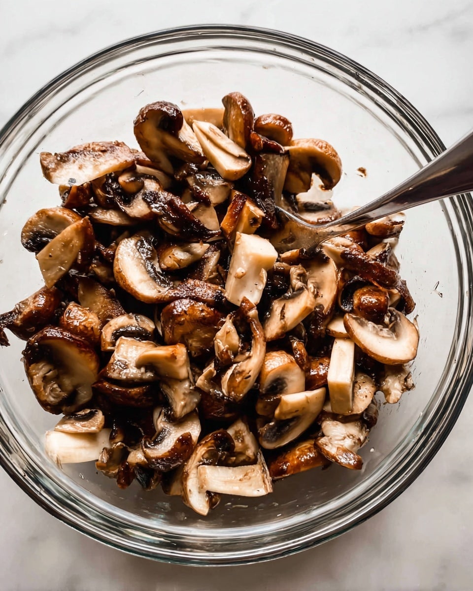 A clear glass bowl filled with a mix of cooked brown and white mushroom pieces, showing a variety of shapes and textures, some with shiny, slightly darkened edges and others softer with lighter centers. The mushrooms look tender and glossy, sitting unevenly layered in the bowl. A metal spoon is partially visible on the right side, resting inside the bowl, ready to serve. The bowl is placed on a white marbled surface. photo taken with an iphone --ar 4:5 --v 7