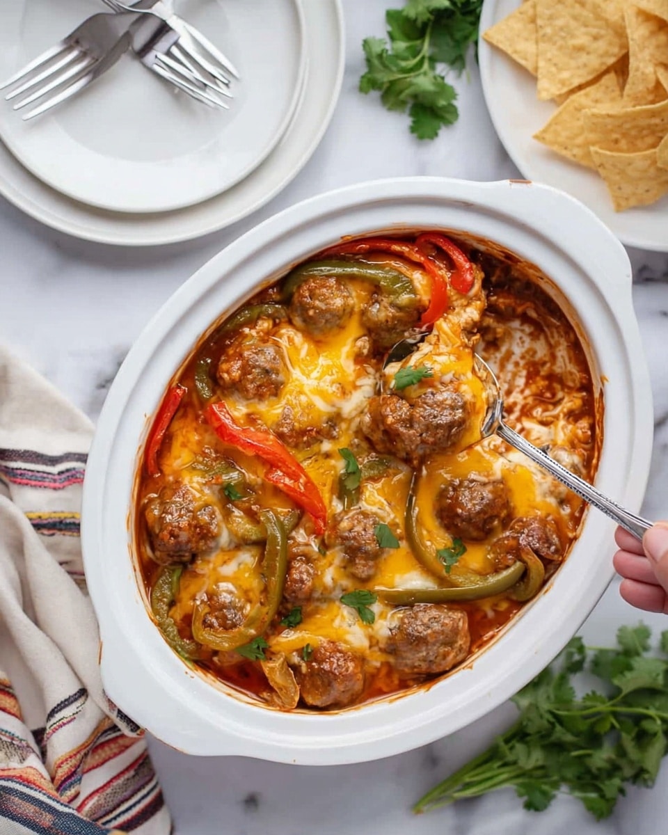 A white oval dish filled with a baked mixture showing small round meatballs, melted golden cheese, and cooked sliced bell peppers and onions in a rich reddish sauce, with a woman's hand holding a spoon lifting some meatballs, cheese, and vegetables above the dish. Around the dish on a white marbled surface, there are white plates with forks and a folded striped cloth napkin, along with some tortilla chips and a bunch of cilantro leaves. The scene is bright and cozy. Photo taken with an iphone --ar 4:5 --v 7