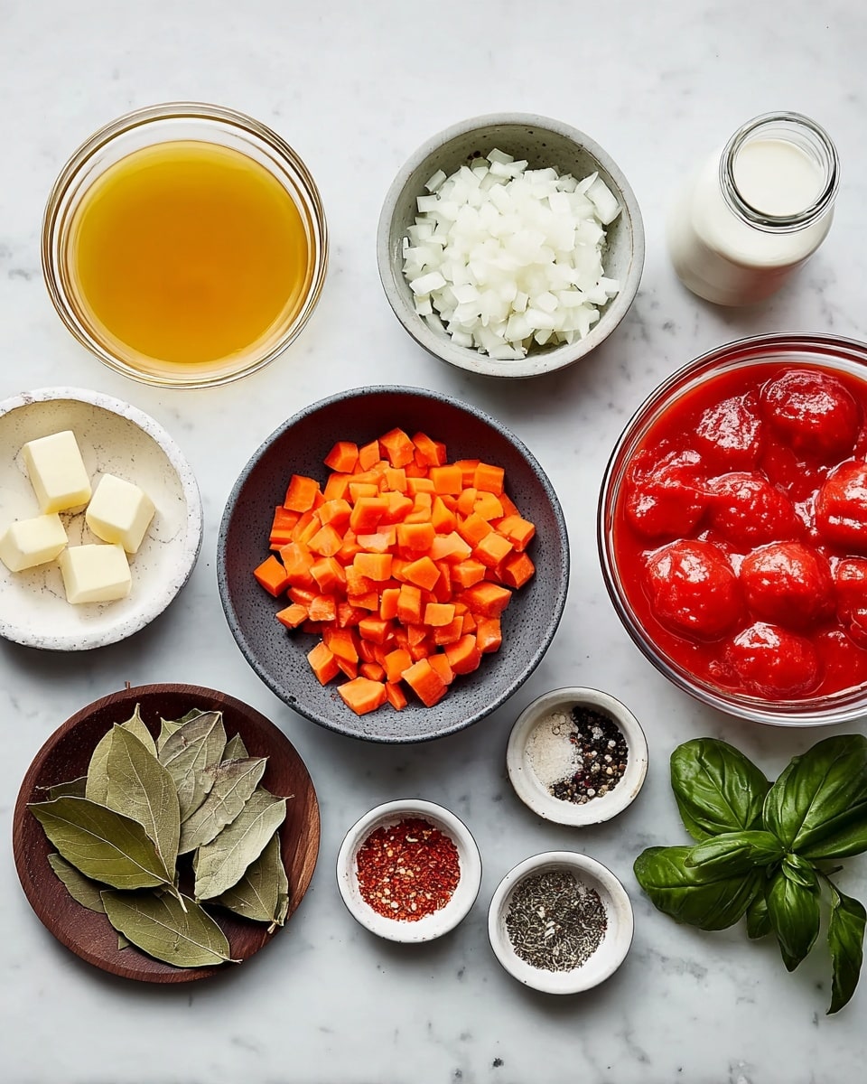 Several small bowls and dishes hold different ingredients placed on a white marbled surface. There is a clear glass bowl filled with bright red whole tomatoes in thick red sauce on the right side. Next to it, fresh dark green basil leaves and a small clear bottle of white cream or milk sit on the top right. In the middle, a dark gray bowl holds diced bright orange carrots, and a speckled bowl above it contains chopped white onions. To the left, a small white bowl with light yellow oil and a small dark plate with three pale yellow butter pieces are next to a larger clear bowl filled with golden broth. Above these, four small bowls hold a mix of black and white pepper, white salt, red chili flakes, and two large dried bay leaves on a small wooden plate. Photo taken with an iphone --ar 4:5 --v 7