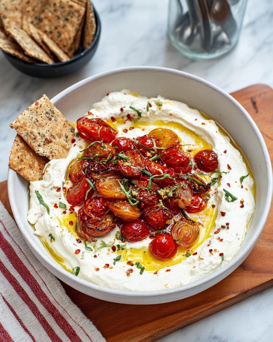 A white bowl contains two main layers: the bottom layer is a smooth, creamy white spread evenly swirled to create texture, with light drizzles of yellow olive oil and small specks of cracked black pepper and red chili flakes scattered on top; over this, there is a colorful mix of roasted cherry tomatoes, halved and slightly shriveled with a deep red and glossy texture, mixed with golden-brown roasted garlic cloves, all garnished with thin strips of fresh green herbs; two rectangular multigrain crackers are partially dipped into the creamy layer on the left side; the bowl sits on a white marbled surface with a wooden board and a napkin with red stripes underneath, a small black bowl containing more crackers and a glass jar with dark utensils are blurred in the background; photo taken with an iphone --ar 4:5 --v 7