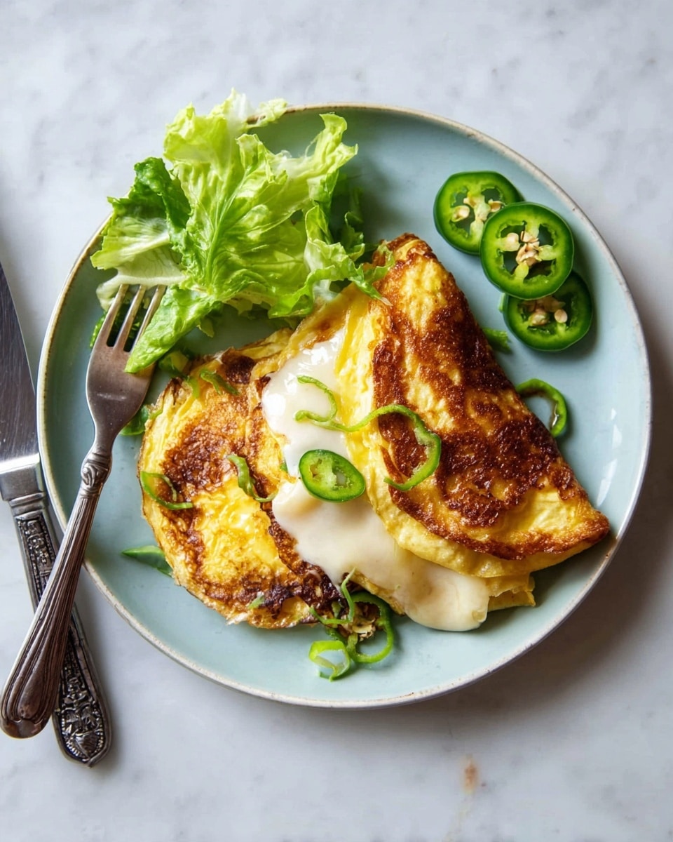 The image shows a dish on a white plate with light blue tint, placed on a white marbled surface. There are two folded, golden-brown pancakes with crispy edges stacked slightly on top of each other. Between the pancakes, there is a layer of melted white cheese that is soft and slightly spilling out. A few thin slices of green jalapeño peppers peek out from under the cheese. On the side of the plate, there are fresh green lettuce leaves and three round slices of jalapeño peppers. To the left of the plate, a fork and a knife rest on the white marbled surface. Photo taken with an iphone --ar 4:5 --v 7