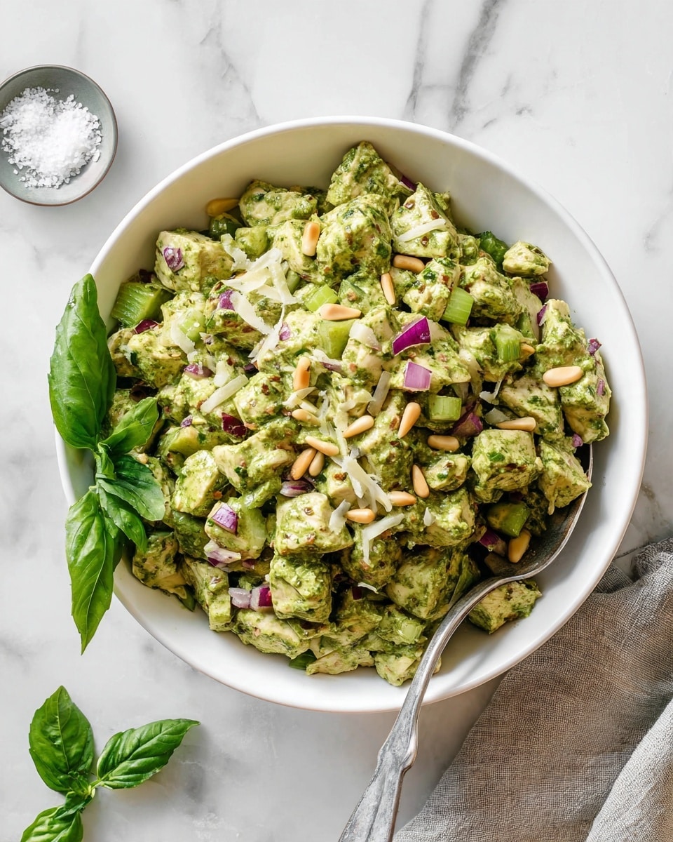 A white bowl filled with a salad showing green chunks of chicken coated in a thick, creamy green pesto sauce as the main layer, mixed with diced light green celery and small pieces of purple-red onion scattered throughout. Light tan pine nuts and thin shreds of pale yellow cheese are sprinkled on top, adding texture. A silver spoon rests on the edge of the bowl, and fresh green basil leaves decorate one side. The bowl sits on a white marbled surface, with a small gray dish of salt nearby. photo taken with an iphone --ar 4:5 --v 7