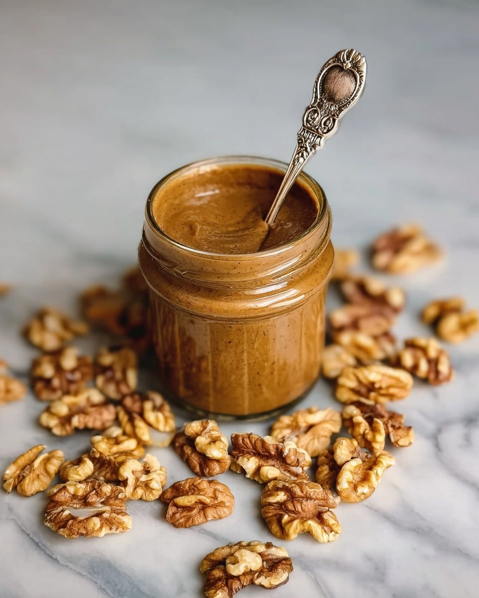 A small glass jar filled with smooth brown nut butter sits at the center, with an ornate silver spoon inside the jar leaning slightly to the right. The jar is surrounded by many halves of light brown walnuts scattered closely around its base. This all rests on a white marbled surface with a soft blurred background. photo taken with an iphone --ar 4:5 --v 7