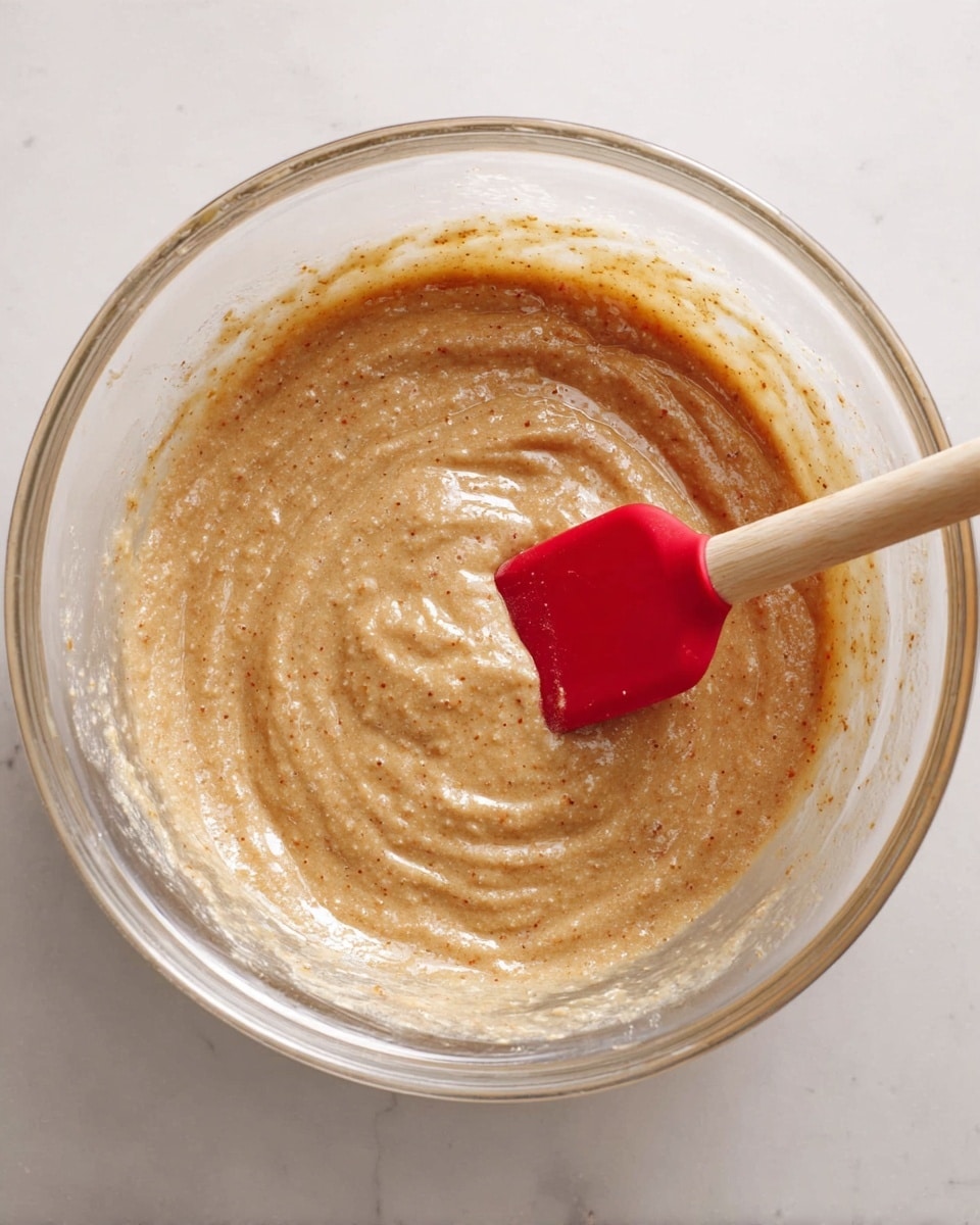 A clear glass bowl filled with thick, light brown batter with small darker brown specks, giving it a slightly grainy texture, is placed on a white marbled surface. Inside the bowl, a red silicone spatula with a light wooden handle rests, partially covered in the batter. The batter is smooth and evenly mixed with visible swirls and streaks made by the spatula. Photo taken with an iphone --ar 4:5 --v 7