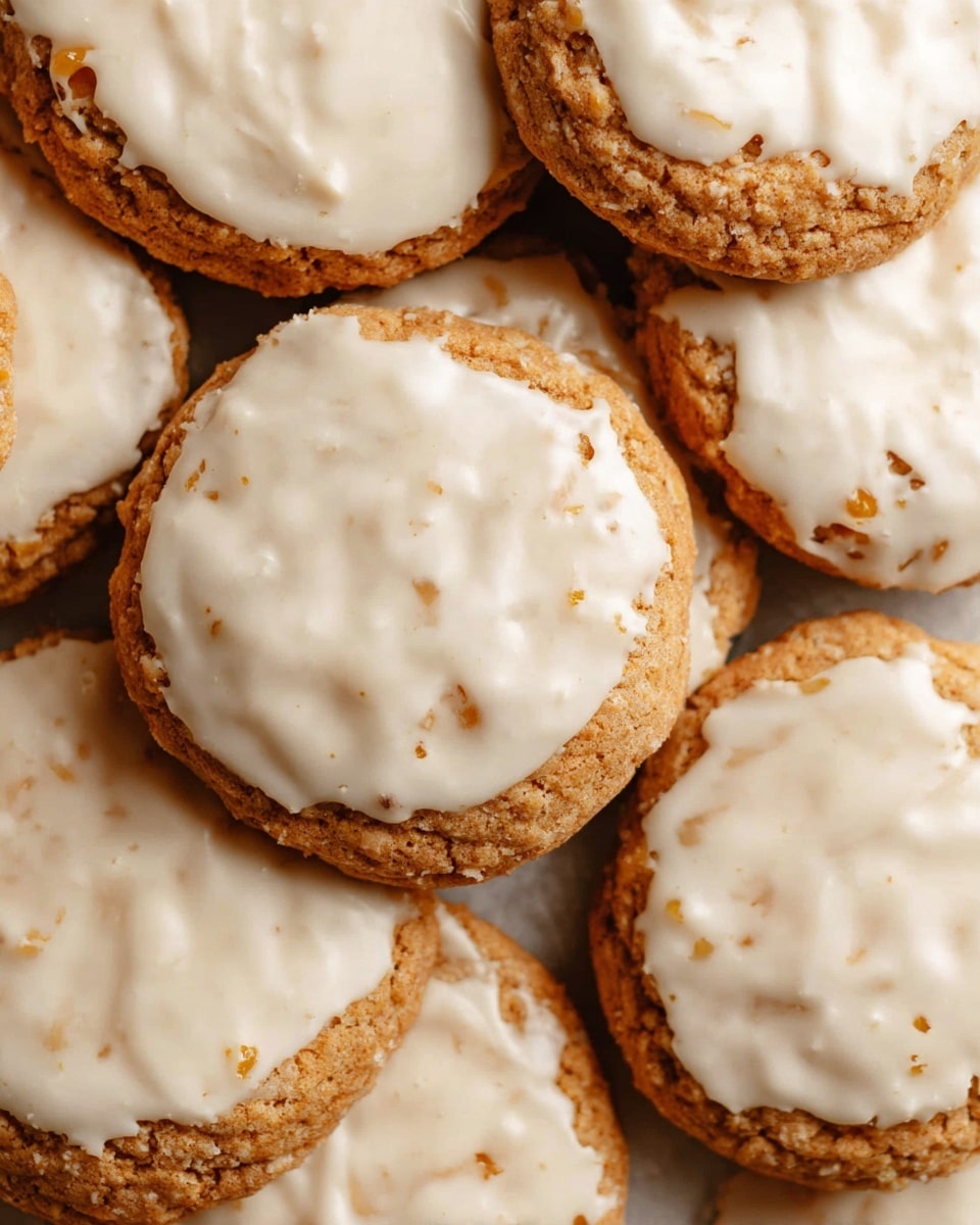 A close-up view of multiple round cookies stacked and touching each other, each cookie showing two layers: a bottom layer of light brown, slightly rough textured cookie, and a thick top layer of smooth, creamy white icing that covers most of the cookie surface with some small gaps revealing the cookie underneath. The cookies are arranged on a white marbled surface, filling the frame with their overlapping shapes. photo taken with an iphone --ar 4:5 --v 7