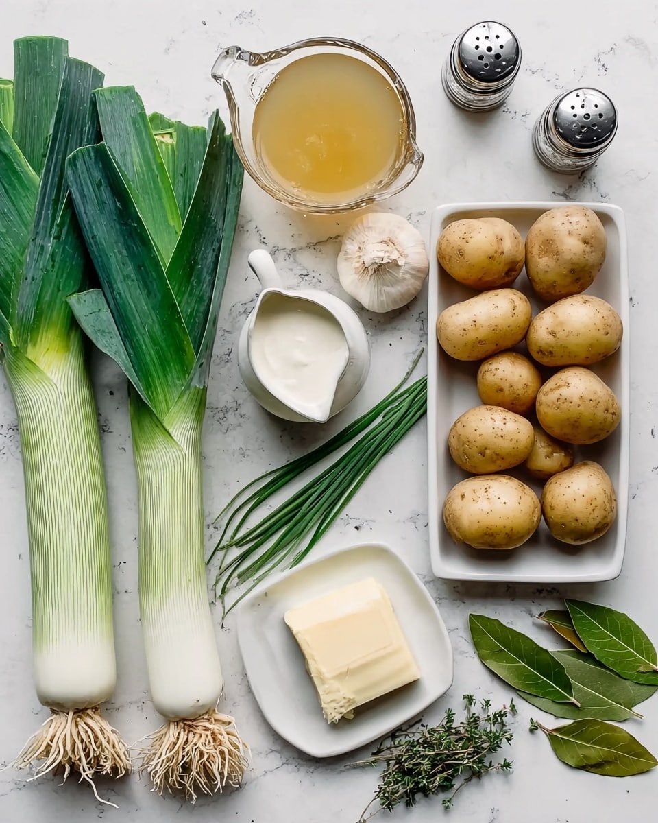 A flat lay image showing fresh cooking ingredients arranged neatly on a white marbled texture. At the bottom are two large green and white leeks with their roots visible. To the right, a white rectangular dish holds several small round light brown potatoes. Above the potatoes are green chives and several green thyme sprigs. In the center sits a whole bulb of garlic. Above the garlic is a small white pitcher filled with white cream, while to the left a small rectangular white plate holds a single block of pale yellow butter. A glass measuring cup filled with golden broth is positioned in the top left corner. Two silver salt and pepper shakers are placed on the right edge. Fresh green bay leaves are laid near the bottom left, completing the natural ingredient display. Photo taken with an iphone --ar 4:5 --v 7