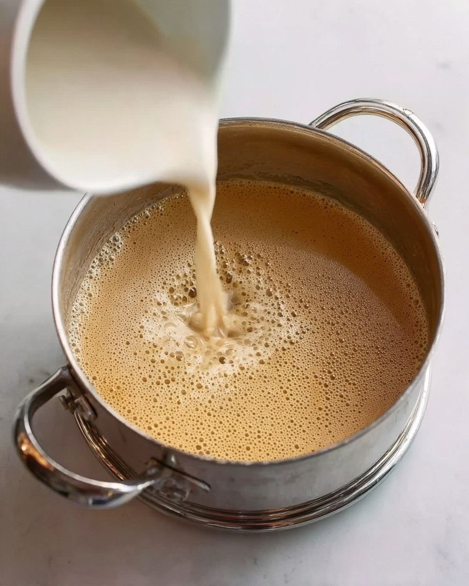 A close-up image shows a small metal pot filled with a thick, light brown creamy mixture with bubbles on the surface. A white jug is pouring more of the same creamy liquid into the pot from the left side of the image. The pot has two shiny handles and is set on a white marbled surface. The lighting is soft and natural, highlighting the smooth texture of the mixture photo taken with an iphone --ar 4:5 --v 7