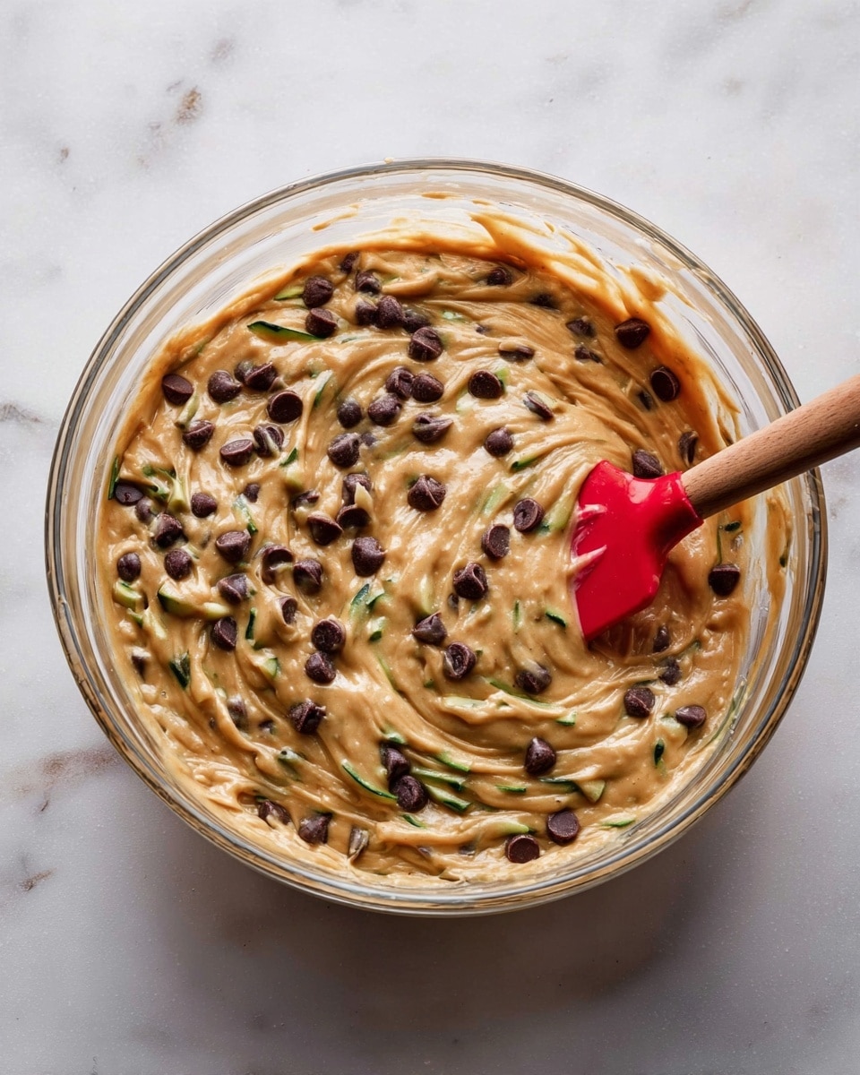 A clear glass bowl filled with thick, light brown batter that has many dark chocolate chips and thin green zucchini pieces mixed in. The batter looks smooth and creamy with some swirls. A red spatula with a wooden handle is partly inside the bowl, touching the batter on the right side. The bowl is placed on a white marbled surface. photo taken with an iphone --ar 4:5 --v 7