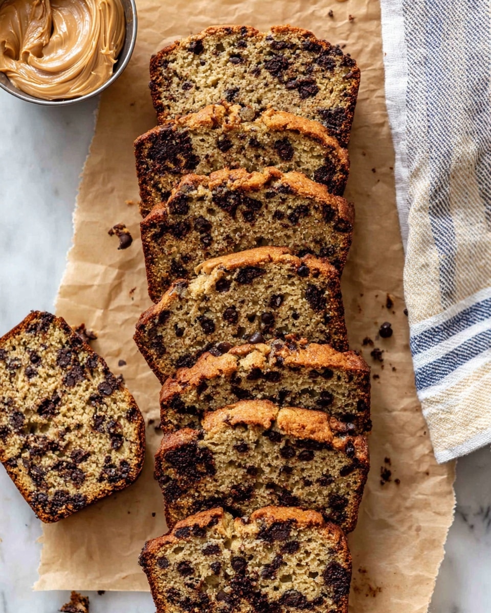 The image shows six slices of chocolate chip banana bread arranged on brown parchment paper, placed on a white marbled surface. The bread slices have a light brown base with dark brown, irregular chocolate chip spots spread throughout. The texture looks soft with a slightly crumbly crust on the edges. The slices are placed in a loose group with one small broken piece at the bottom left. A small metal bowl with smooth peanut butter sits at the top right, next to a white cloth with blue and beige stripes. Photo taken with an iphone --ar 4:5 --v 7